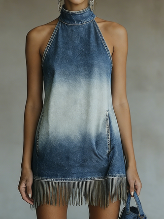 Casual Natural Denim Mini Dress Stand Collar Daily Wear - Image 2