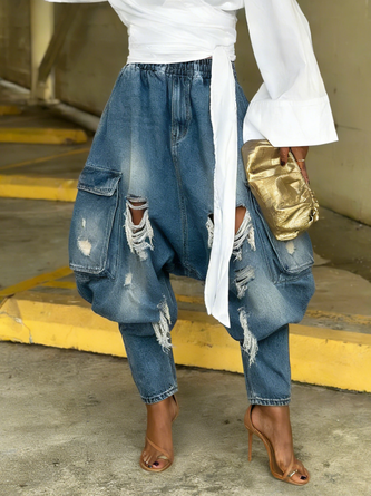 Urban Distressed Harem Jeans Elastic Waist Cargo Pocket Baggy Denim