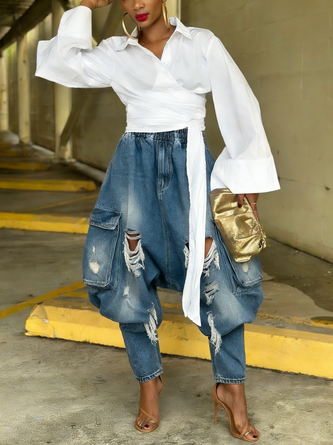 Urban Distressed Harem Jeans Elastic Waist Cargo Pocket Baggy Denim - Image 2