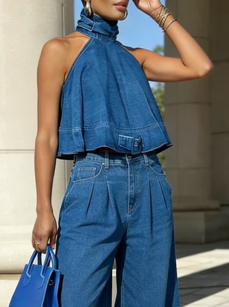 Urban Solid Relaxed Stand Collar Denim Top