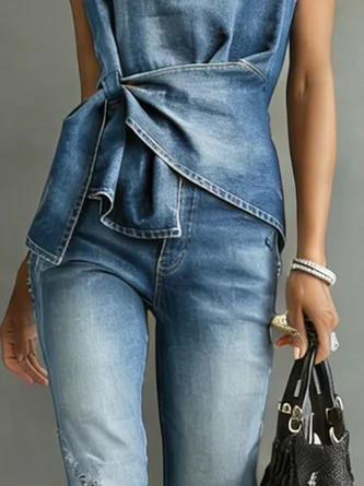 Denim Casual Plain Knot Front Crew Neck Top - Image 3