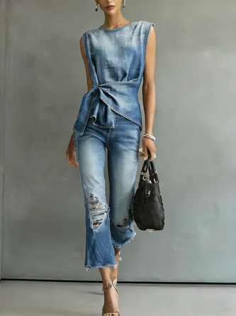Denim Casual Plain Knot Front Crew Neck Top - Image 2