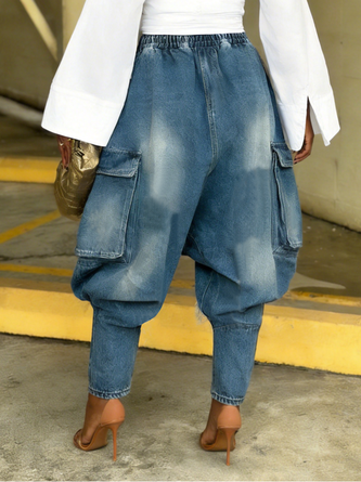 Urban Distressed Harem Jeans Elastic Waist Cargo Pocket Baggy Denim - Image 3