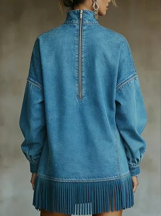 Women Casual Denim Blue Mini Dress Turtleneck H-Line Fall Daily - Image 2
