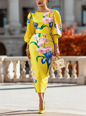 Elegant Floral Puff Sleeve Printing Boat Neck Midi Dress