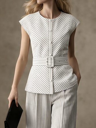Cotton Crew Neck Striped Urban Blouse Belt