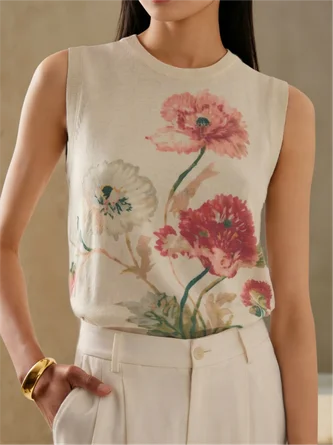 Floral Crew Neck Elegant Tank Top
