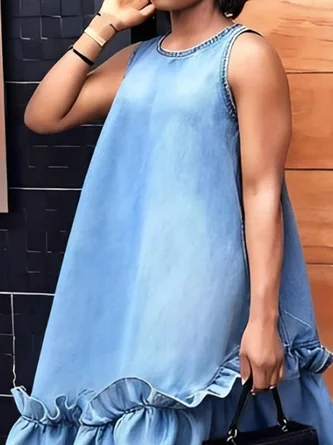 Denim Urban Plain Peplum Crew Neck Midi Dress 2 Denim Urban Plain Peplum Crew Neck Midi Dress - Image 2