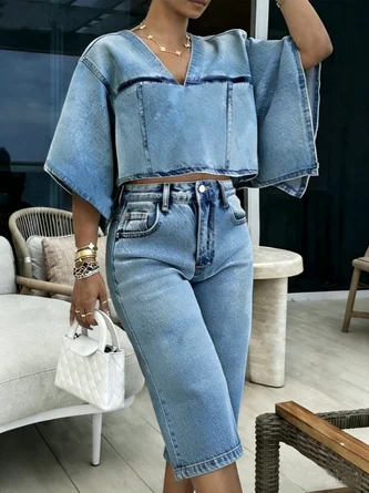 Plain Casual Denim Shorts - Image 2