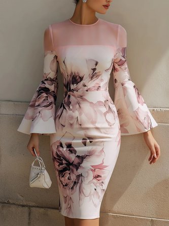 Elegant Floral Bell Sleeve Split Joint Crew Neck Knee Length Dress