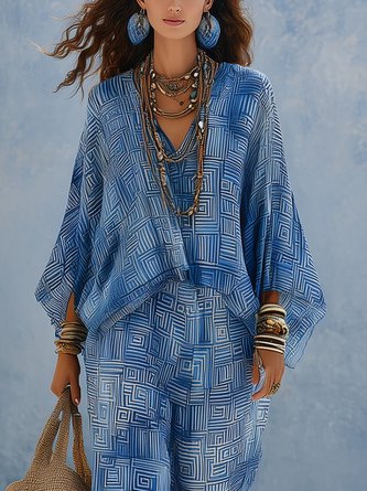 Vacation Geometric Printing V Neck Blouse
