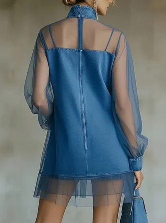 Urban Plain Balloon Sleeve Split Joint Mock Neck Denim Mini Dress - Image 2