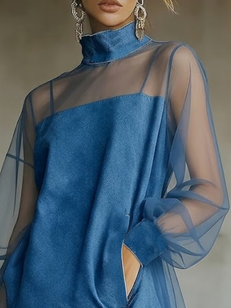 Urban Plain Balloon Sleeve Split Joint Mock Neck Denim Mini Dress - Image 3