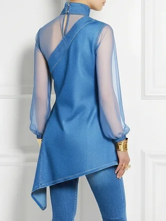 Urban Plain Split Joint Mock Neck Denim Top 2 Urban Plain Split Joint Mock Neck Denim Top - Image 2