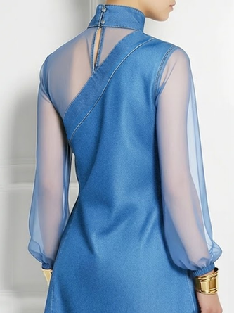 Urban Plain Split Joint Mock Neck Denim Top 4 Urban Plain Split Joint Mock Neck Denim Top - Image 4