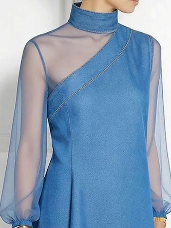 Urban Plain Split Joint Mock Neck Denim Top 3 Urban Plain Split Joint Mock Neck Denim Top - Image 3