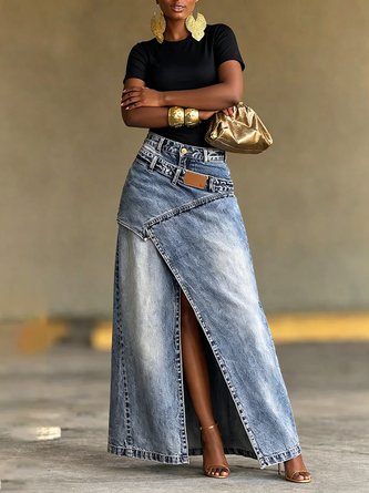 Casual Slit Plain Maxi Denim Skirt - Image 2