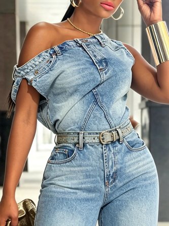 Casual Plain Distressing Off The Shoulder Denim Top