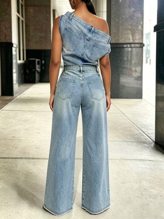 Casual Plain Distressing Off The Shoulder Denim Top - Image 3