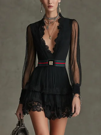Urban Plain Lace Edge V Neck Mini Dress Belt