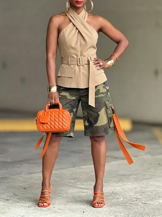 Urban Casual Camo Loose Fit Pockets Color Block Cargo Shorts - Image 2