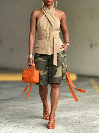 Urban Casual Camo Loose Fit Pockets Color Block Cargo Shorts - Image 3