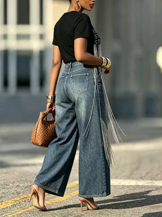 Casual Plain Loose Denim Jeans - Image 3