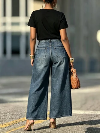 Casual Plain Loose Denim Jeans - Image 4