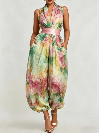 Urban Floral V Neck Jumpsuit Belt