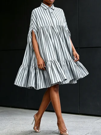 Urban Striped Shirt Collar Knee Length Dress