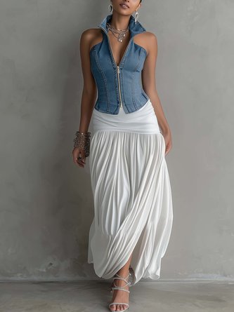 Urban Plain Zipper Shawl Collar Denim Top - Image 2