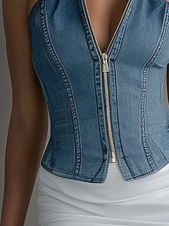 Urban Plain Zipper Shawl Collar Denim Top - Image 3
