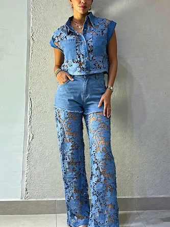 Urban Plain Lace Shirt Collar Denim Shirt - Image 4