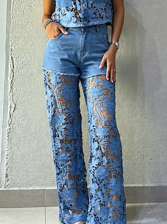 Loose Denim Urban Lace Distressing Plain Jeans - Image 4