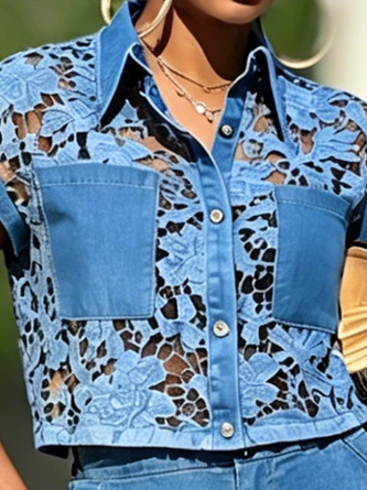 Urban Plain Lace Shirt Collar Denim Shirt - Image 3