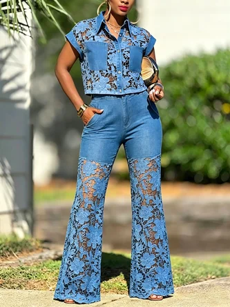 Urban Plain Lace Shirt Collar Denim Shirt - Image 2