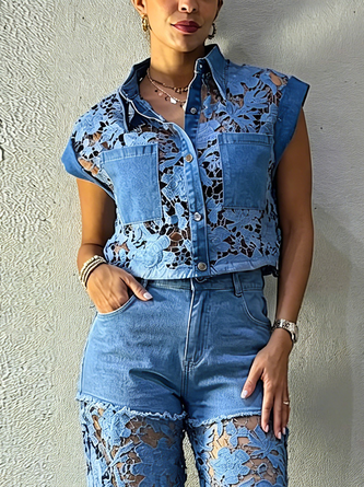 Urban Plain Lace Shirt Collar Denim Shirt - Image 5