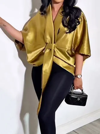 Satin Urban Plain Cross Neck Blouse