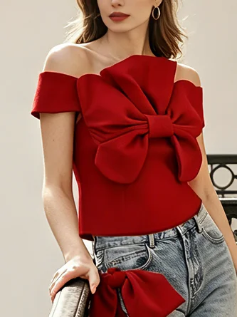 Urban Plain Bow Off Shoulder Blouse
