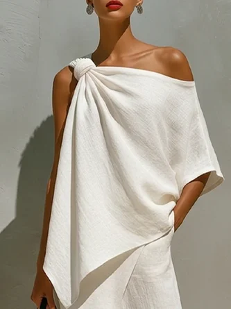 Cotton Linen Vacation Plain Bow Asymmetrical Blouse