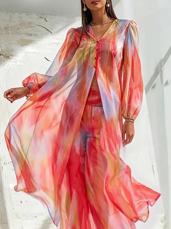 Urban Ombre Printing Block Buttoned Balloon Sleeve Shirt