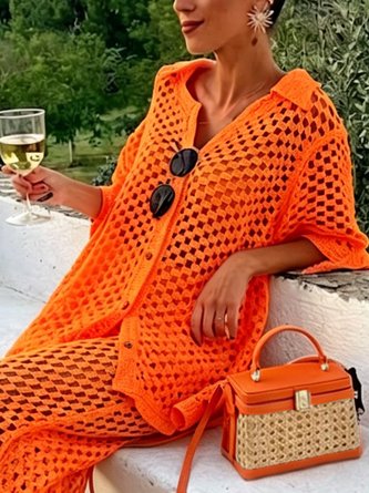 Vacation Plain Eyelet Shawl Collar Knit Top