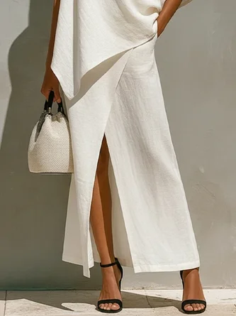 Cotton Linen Vacation Slit Plain Maxi Skirt