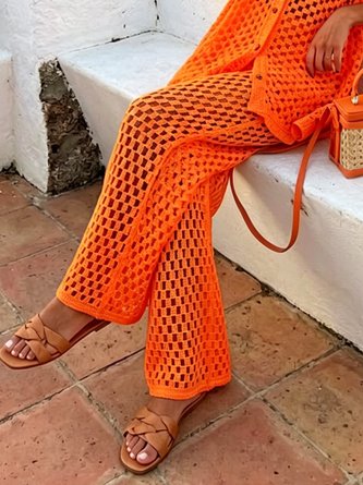 Vacation Plain Hollow Out Straight Sweater Pants