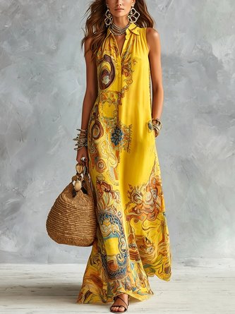 Vacation Ethnic Printing Shirt Collar Maxi Dress