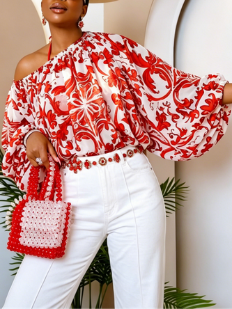 Elegant Ethnic Printing Cold Shoulder Blouse