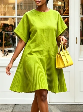 Cotton Linen Casual Plain Pleated Crew Neck Knee Length Dress