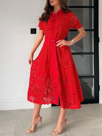 Urban Plain Lace Midi Dress Belt