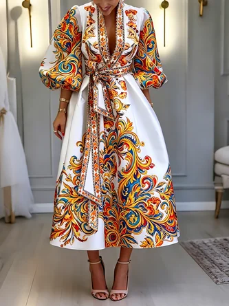 Elegant Ethnic Balloon Sleeve Printing Cross Neck Midi Dress Belt
