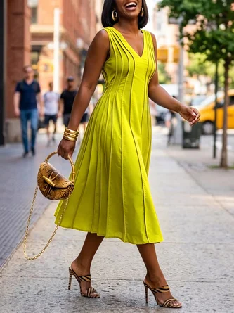Cotton Linen Casual Plain Ruched Midi Dress